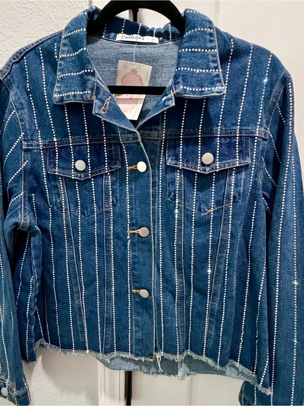 Origami Blue Denim Snap Button Rhinestone Embellished Jacket Pockets M, L